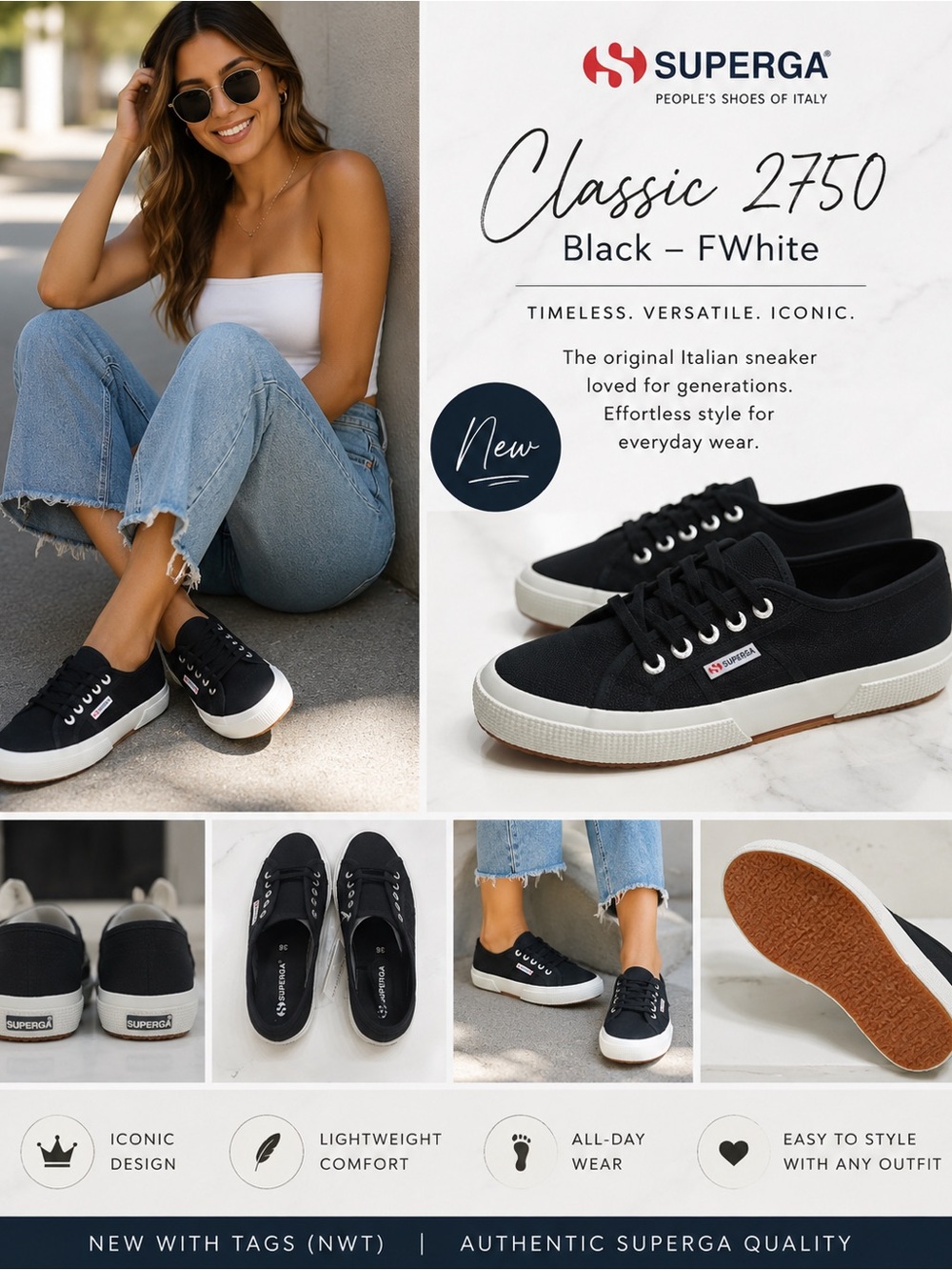 Superga Classic 2750 Women's Black Canvas Sneakers with White Sole